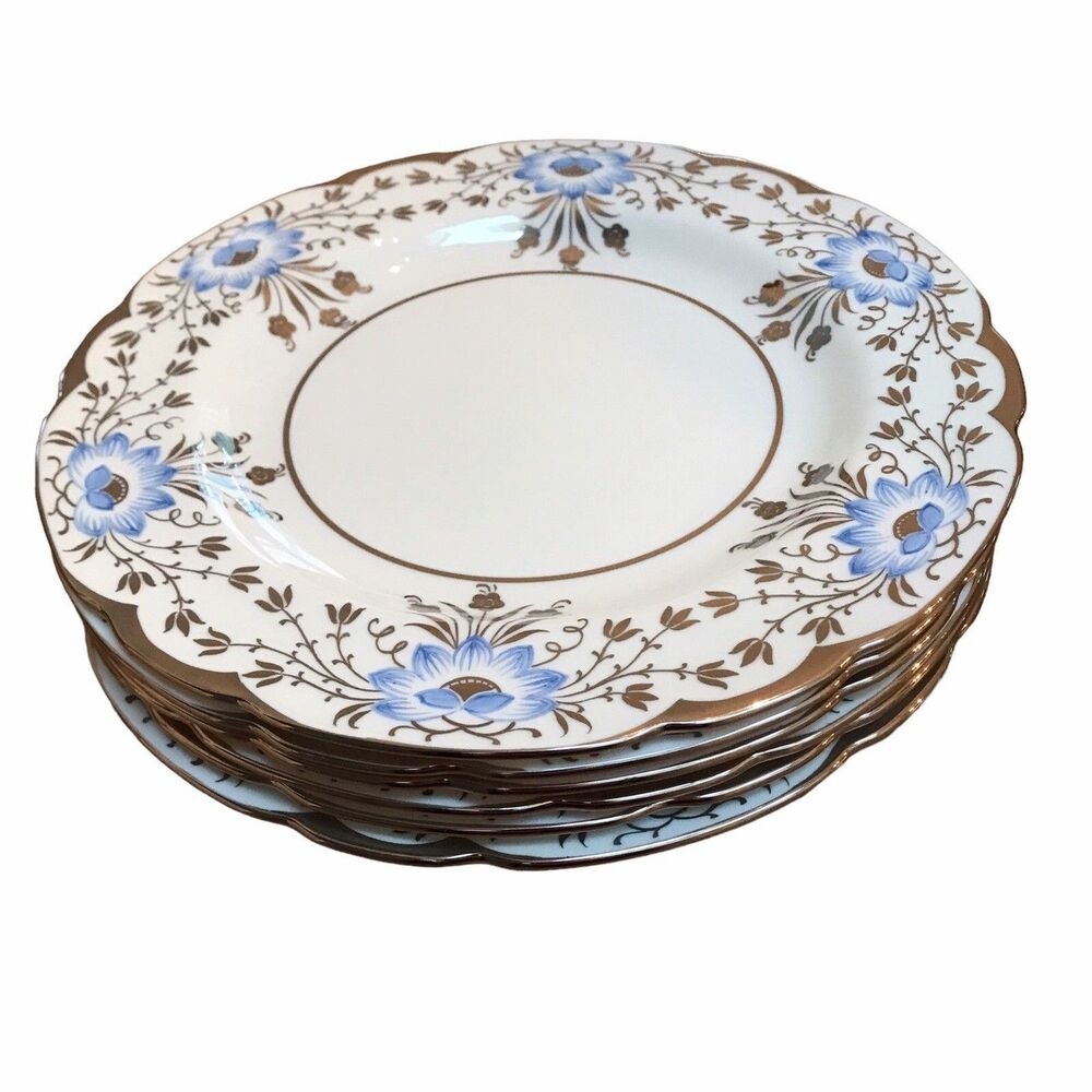Rare Vintage Wedgwood Blue Lotus Flowers Set 6 Dinner Plates Silver Luster Trim - Picture 6 of 7